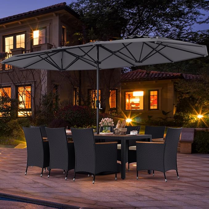 Tangkula 11 Piece Patio Wicker Dining Set w/Double-Sided Patio Umbrella, 8 Stackable Cushioned Chairs, 71" Acacia Wood Dining Table & 15 ft Umbrella with Weighted Base (Grey + Off White)