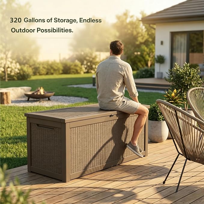 Outdoor Storage Deck Box, Large Patio Container for Garden Tools, Cushions and Yard Accessorie.Lockable Waterproof Resin Weatherproof Storage Container (Light Brown, 320 Gallon)