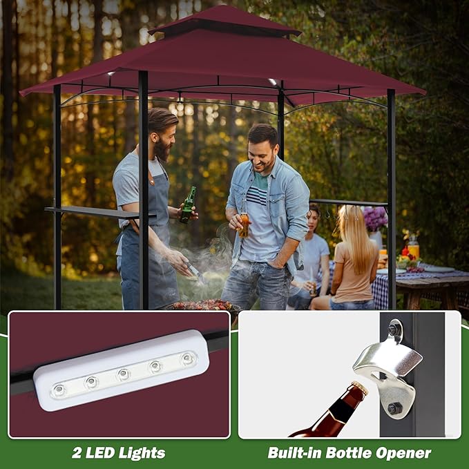 GARTOO 8'x5' Outdoor Grill Gazebo - Double Roof BBQ Gazebo Canopy with 2 Side Shelves and LED Lights, Patio BBQ Pergola Shelter for Garden, Porch and Backyard (Red)
