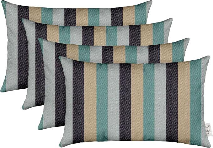 RSH DECOR: Sunbrella Lumbar Throw Pillows Set of 4 | 20" x 12" | Water and Fade-Resistant Fabric | Outdoor Pillow Covers with Down-Alternative Inserts | Made in USA (Anthem Lagoon Navy Teal Stripe)