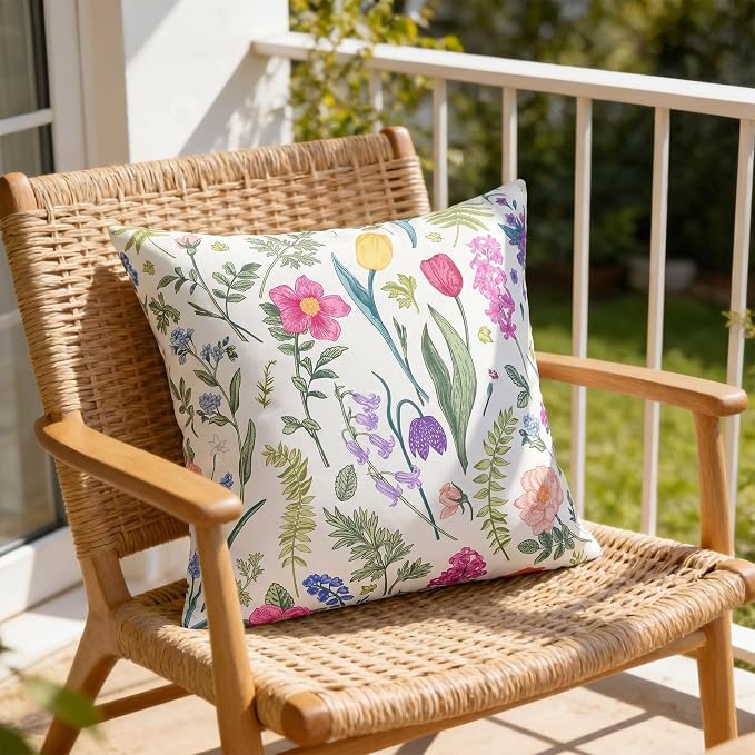 Pyonic Waterproof Outdoor Pillow Covers 18x18 Inch Set of 2 Pink Floral Plant Outdoor Pillows for Patio Furniture Porch Spring Summer Garden Decoration for Home, Meadow Flowers and Herbs