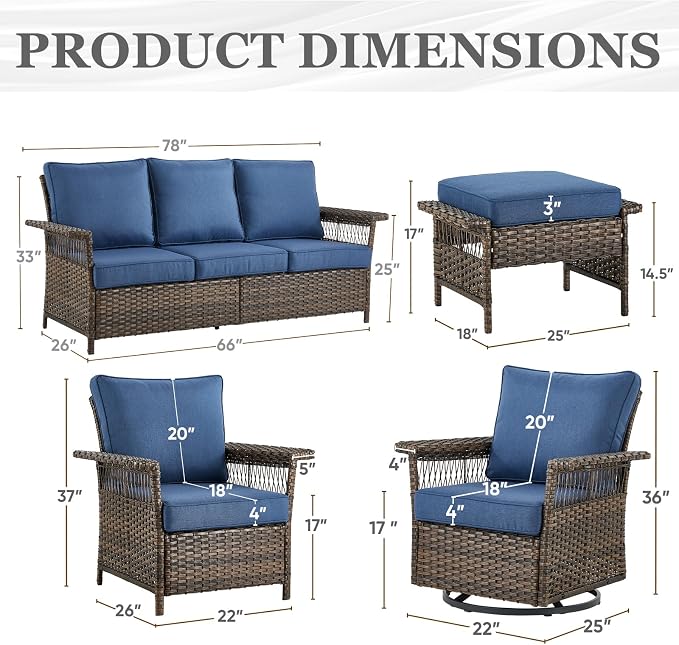 Patio Furniture Set 2 Wicker Swivel Glider Chairs 2 PE Rattan Chairs and 2 Ottomans with Blue Cushions Patio PE Rattan Side Table Brown Wicker Patio Conversation Set 7pcs for Patio