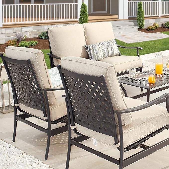 Patio Conversation Set 4 Pieces Cushioned Metal Outdoor Furniture Sets with All Weather Frame for Porch Backyard Lawn (Beige)