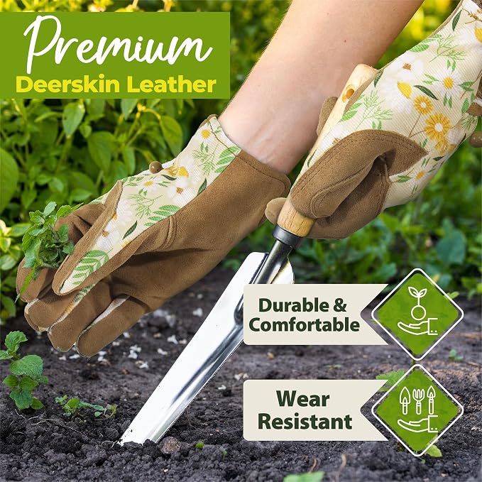 HANDLANDY Gardening Gloves for Women, Leather Garden Glove, Gardener Gift | Breathable Floral Ladies Leather Garden Yard Gloves, for Trimming, Weeding, Digging, Planting, Pruning