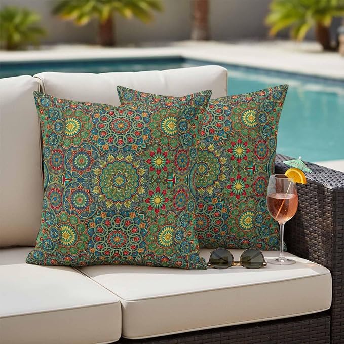 Bohemian Green Floral Outdoor Waterproof Pillow Covers Pack of 2, Boho Tribal Ethnic Abstract Geometric Flower Throw Pillowcases Decorative Cushion Covers for Garden Patio Tent Sofa Couch, 24x24 inch