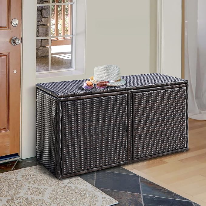 DORTALA 88 Gallon Deck Box Organizer, Wicker Large Indoor Outdoor Storage Container Cabinet for Patio Furniture Cushions Garden Tools, Brown