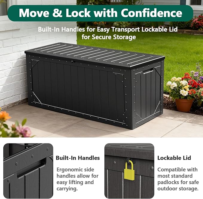 Outdoor Storage Box, 98 Gallon Deck Box, Outdoor Storage Bench, Waterproof Resin Storage Bench with Lockable Lid, Patio Furniture Cushions & Garden Tools Storage, UV Resistant (Black)