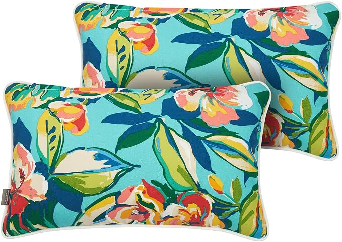 Outdoor Lumbar Pillow with Insert 12x20 Inch Pack of 2-Rosario Flower Leaf | Outdoor Pillows for Patio Furniture, Water-Repellent, Decorative Garden Pillows for Home Patio Coach Sofa Use