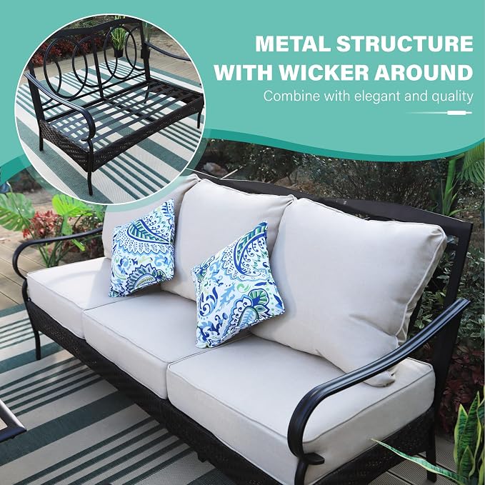 MFSTUDIO Outdoor Patio Furniture Set, 5 PCS Metal Patio Conversation Sets for 7, Modern Patio Sectional Set with High Back 3-Seat Sofa, Loveseat, 2 Swivel Sofa Chairs, 1 Coffee Table