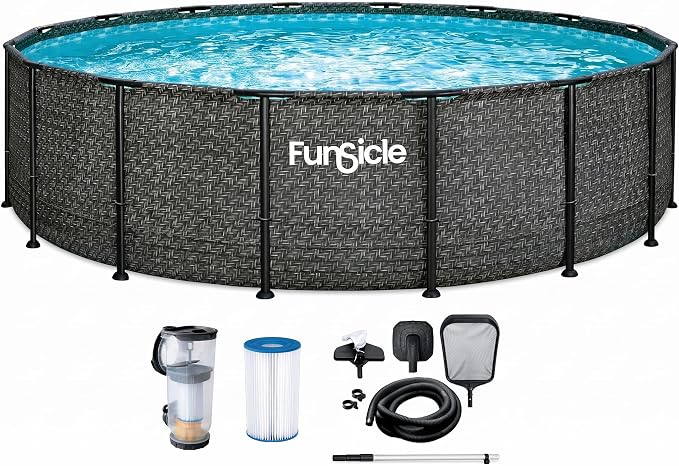 Funsicle Oasis Designer 16' x 48" Round Above Ground Swimming Pool, With FiltraBoost 1800 GPH Filter Pump With AutoSkimmer, Pump, Ladder, Deluxe Maintenance Kit, Cover & Ground Cloth, Dark Herringbone