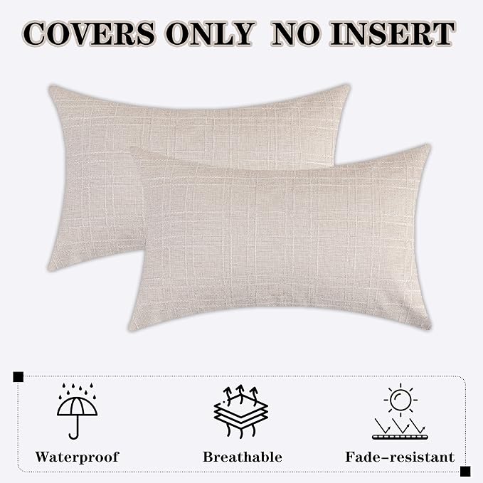 Kevin Textile Outdoor Waterproof Lumbar Pillow Covers 12x24 Inch Pack of 2 Checkered Decorative Rectangle Cushion Throw Pillowcases Shell for Patio Tent Garden Couch Bed Sofa Light Beige