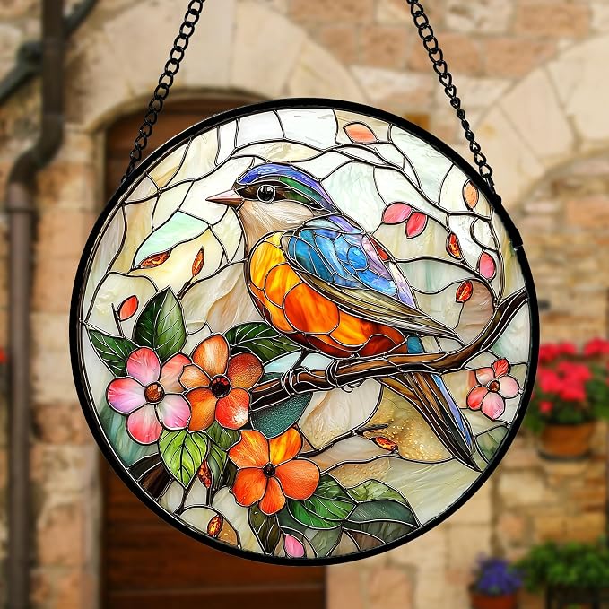 DASTOLL Stained Glass Window Hanging, Blue Bird Pink Flower Suncatcher Diamond Glass Panel Bird Sun Catchers Decor for Birthday for Women, Men, Wife, Aunt, and Mom 6.3 in