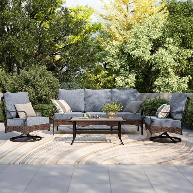 PHI VILLA Patio Furniture Set, Upgraded Wicker & Metal Outdoor Conversation Sets with 5.5" Thick Cushions and Coffee Table for Porch, Poolside, Yard (4 Pieces, Grey Cushion)