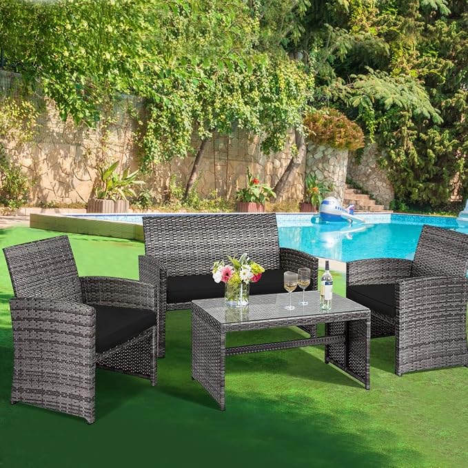 DORTALA 4 Piece Patio Furniture Set, Outdoor Wicker Conversation Set with Soft Cushions & Tempered Glass Coffee Table, Rattan Patio Sofa Bistro Sets for Courtyard Balcony, Black