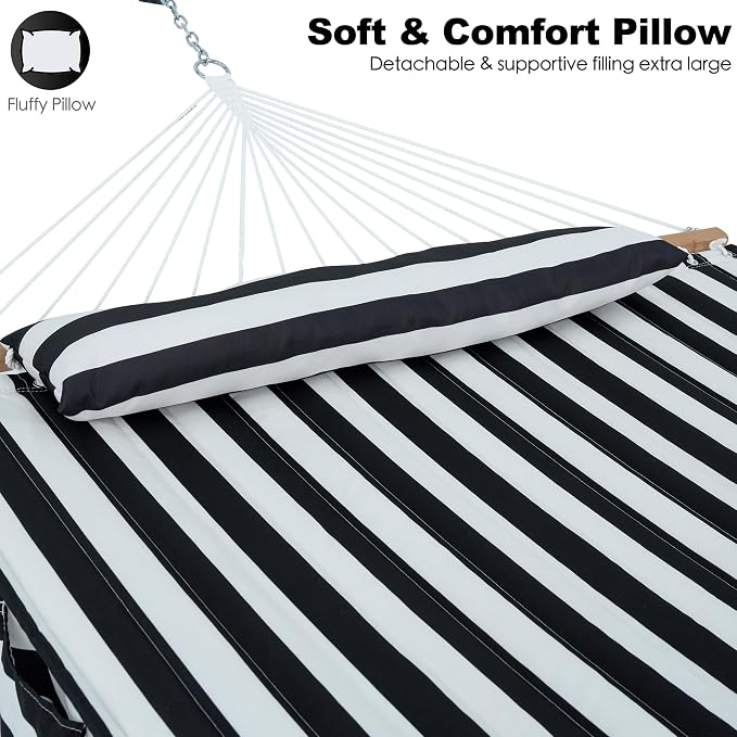 GAFETE Hammock 2 Person Quilted Fabric Hammocks for Outside, Double 12ft Hammocks with Spreader Bar, Large Removable Pillow, Storage Bag, Carabiners, Max 475 lbs Capacity (Black White)