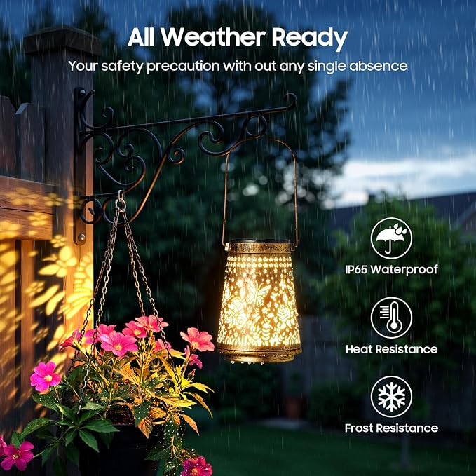 2 Pack Solar Lanterns Outdoor Waterproof, Birthday Gifts for Women Mom | Hollow-Out Metal Butterflies Lantern, 2 Lighting Modes, Outside Hanging Solar Lights for Christmas Decorations, Garden Decor