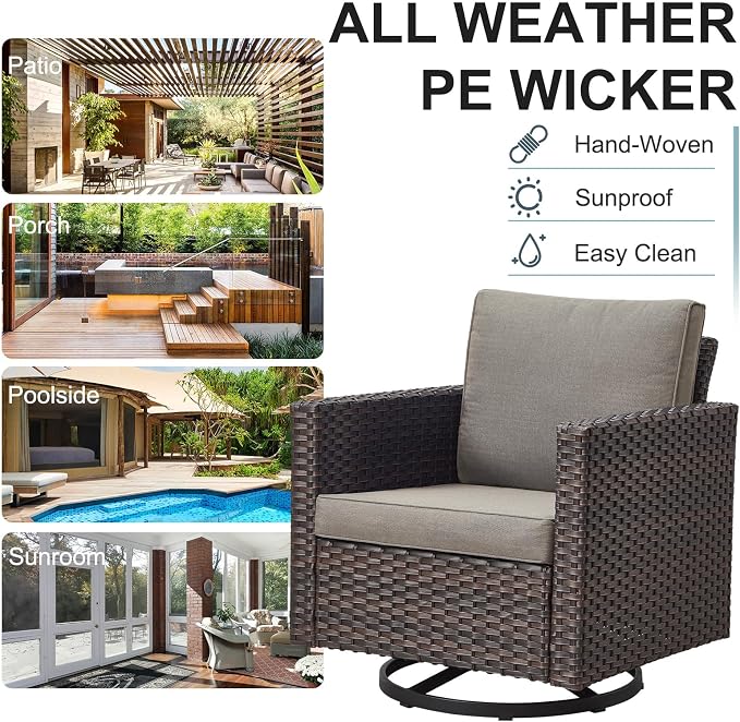 Belord Wicker Patio Furniture 5 Piece Outdoor Sofa Set, Oversize Outdoor Swivel Rocker Chairs with Rattan Ottomans, Conversation Sets Patio Furniture Come with Removable Cushion Grey, Anti-Rust Frame