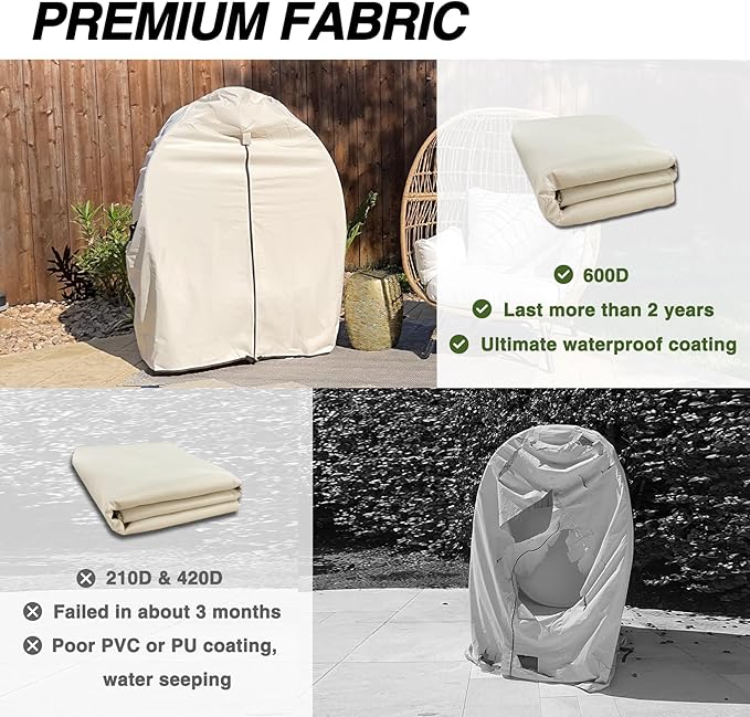 Porch Shield Patio Hanging Egg Chair Cover -600D Waterproof Outdoor Single Seat Wicker Swing Egg Chair with Stand Protector, Beige
