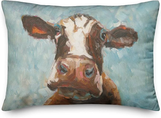 Brown Painted Cow Indoor/Outdoor Pillow | Decorative Pillows for Living Room Couch Bed Sofa Patio, Fluffy Soft Cushion | Water Resistant Multi, 14x20