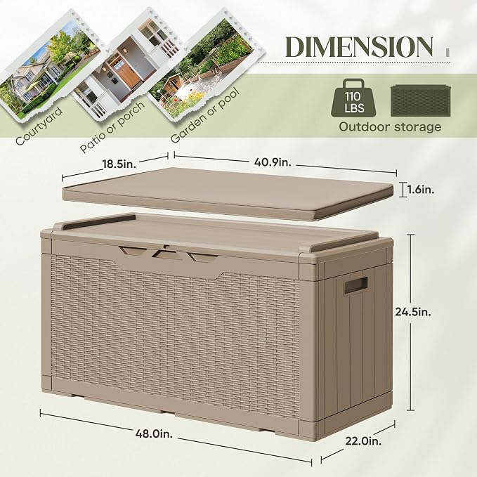 Greesum 100 Gallon Resin Deck Box Large Outdoor Storage with Cushions for Patio Furniture, Garden Tools, Pool Supplies, Weatherproof and UV Resistant, Lockable, Coffee