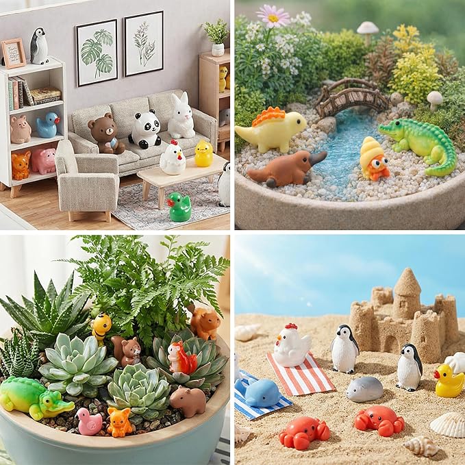 Prudiut 60 Pcs Mini Resin Animal Figures 60 Styles for Fairy Garden Decor | Tiny Resin Animal to Hide Assorted Little Animals Figures for Desk Pets Decor Miniature Landscape Dollhouse Accessories