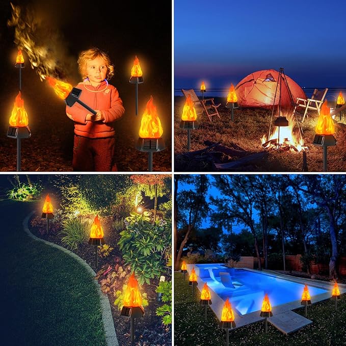 Toodour Solar Outdoor Torch Lights with Flickering Flame, Solar Pathway Decorative Lights, Waterproof LED Flame Torches for Outdoor Camping Garden Landscape Patio Path Yard Decorations - 4 Pack