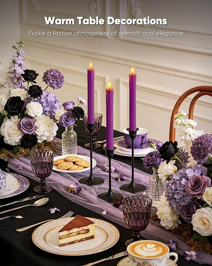 Homemory 6 Pcs Real Wax Purple Flameless Taper Candles with Remote Timer, 9.6 Inches LED Fake Candlesticks, LED Candle with 3D Flickering Flame for Romantic Wedding, Dinner, Xmas Anniversary Decor