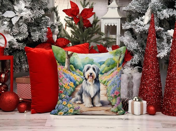 Caroline's Treasures Bearded Collie Spring Garden Throw Pillow Machine Washable, Indoor Outdoor Decorative Pillow for Couch, Bed or Patio, 14Hx14W