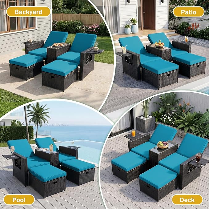 LVUYOYO 5 Piece Patio Furniture Set, Patio Wicker Conversation Set with Ottoman, Outdoor Chaise Lounge Chair with Side Table & Adjustable Backrest for Pool Backyard Garden (Black Wicker Green Cushion)
