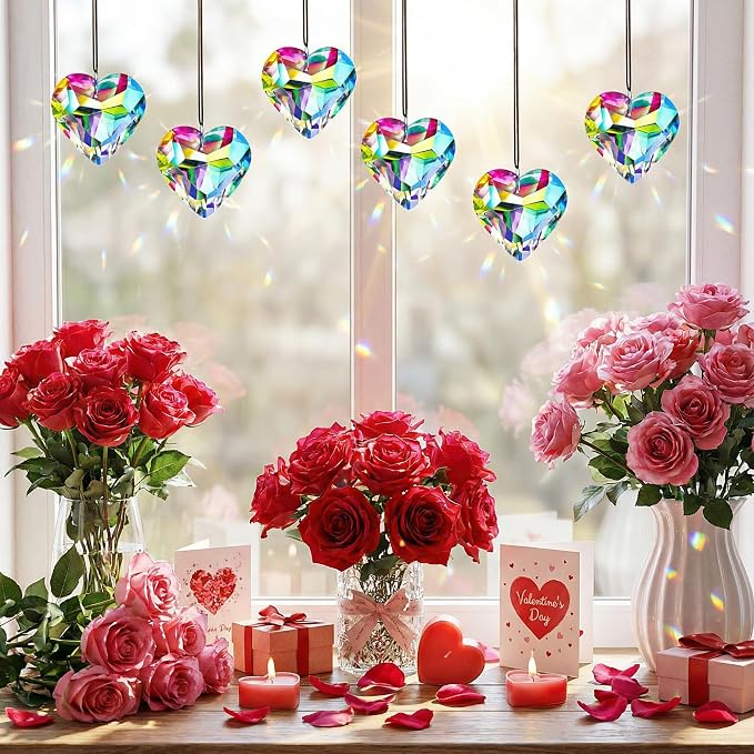 6pcs 50mm Crystal Heart Prism Suncatcher Window Sun Catchers Crystals | Hanging Decorations Rainbow Maker Pendant Glass Ornaments For Christmas Tree Valentine’s Day Birthday Gift For Women Mom