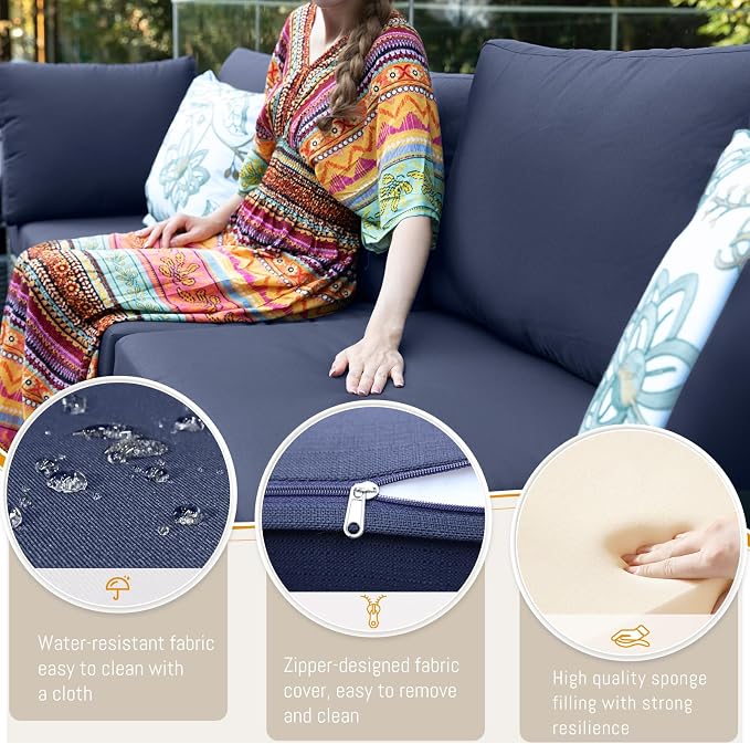 BULEXYARD 9 Piece High Back Outdoor Sectional Couch Set with Fire Pit, Luxury Weather-Resistant Patio Furniture Set, Large Size 8-Person Backyard Seating Group L-Shape for Exterior, Brown & Navy Blue