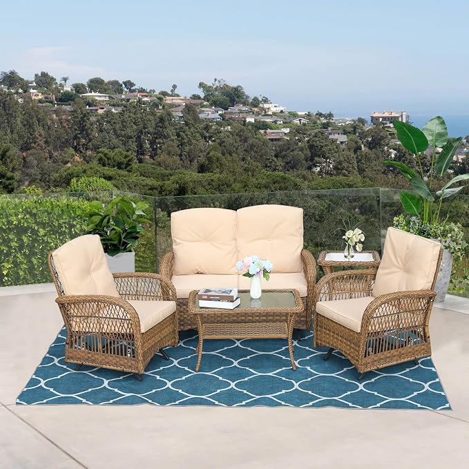 VIVIJASON 5-Piece Outdoor Patio Wicker Conversation Sets, All Weather Outdoor Rattan Furniture Set Includes Glider Loveseat, 2 Coffee Table, 2 Glider Rocker Chairs with Cushions, Light Brown