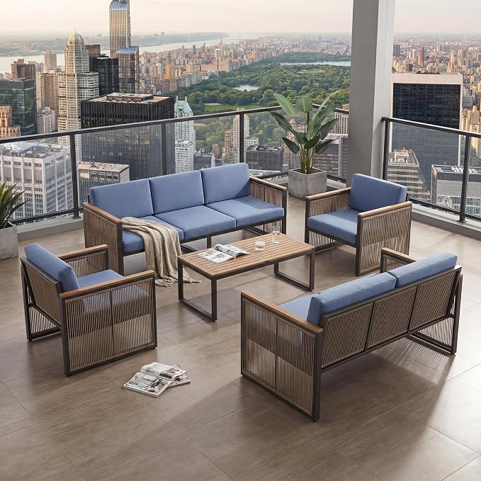 5 Piece Patio Conversation Set for 7, Modular Patio Sofa Couch with Cushions, Rattan Outdoor Patio Furniture Set with Loveseat/Coffee Table, Outdoor Sectional Furniture for Deck/Porch, Blue