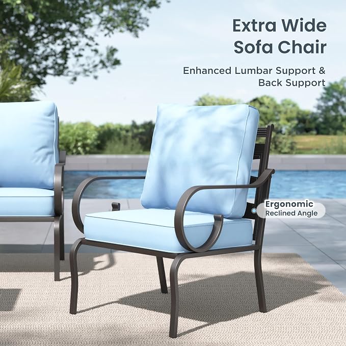 PHI VILLA Patio Furniture Set, 3-Seater Sofa, 2 Fixed Chairs and a 45" Fire Pit Table, Outdoor Metal Conversation Set with 5.75" Extra Thick Cushion for Garden Backyard Deck, Blue