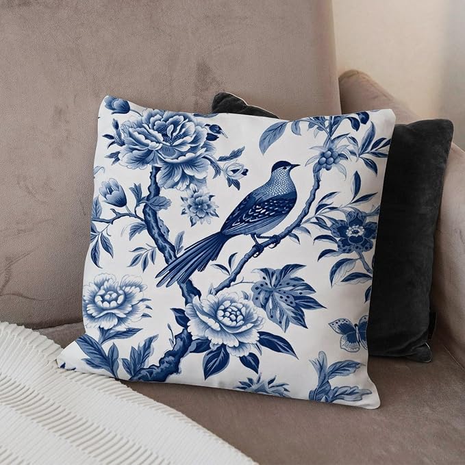 Blue Indigo Floral Chinoiserie Outdoor Throw Pillow Covers Asian Navy Lotus Bird Waterproof Throw Pillowcase 20x20 in Modern Accent Cushion Cover for Patio Furniture Garden