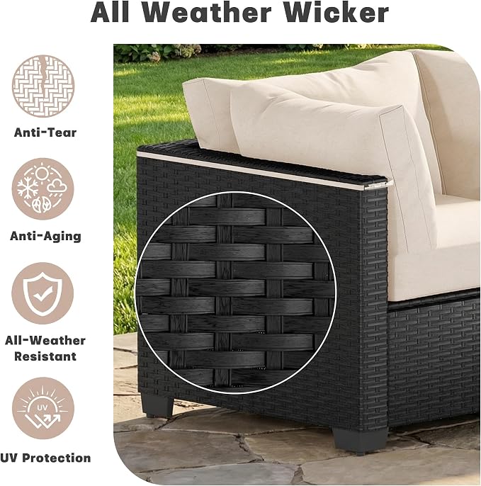 Patio Furniture Set, 7-Piece Outdoor Sectional Couch with Coffee Table & Thick Cushions, Outdoor Wicker Conversation Set for Backyard, Poolside, Garden (Black-White, 7 Piece-Single)