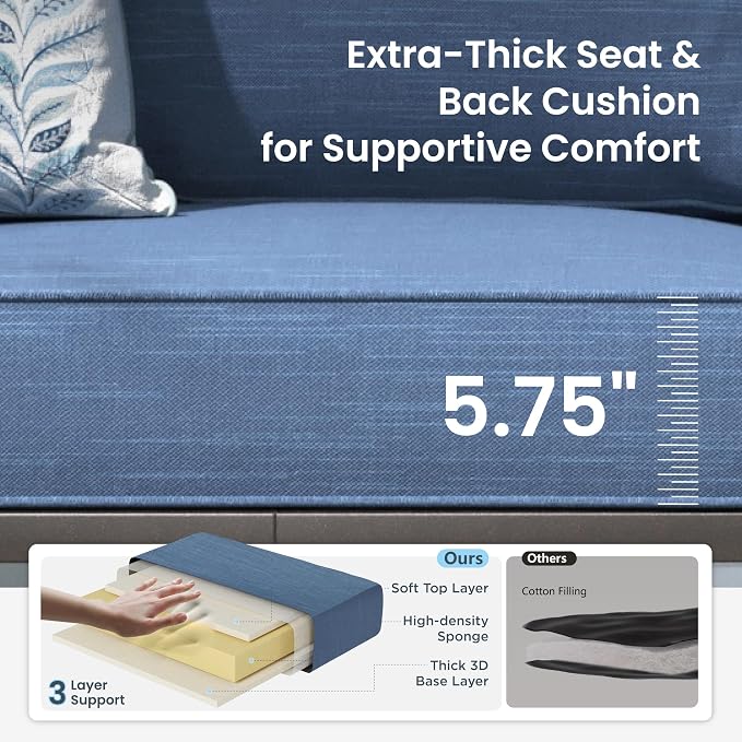 PHI VILLA Patio Furniture Set, 3-Seater Sofa, 4 Swivel Chairs and a Coffee Table, Outdoor Metal Conversation Set with 5.75" Extra Thick Cushion for Garden Backyard Deck, Navy