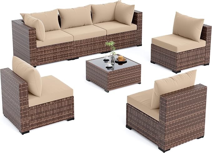 Amopatio Outdoor Patio Furniture Set 7 Pieces Patio Conversation Set Sectional Couch Sofa, Glass Table & Thicken Cushion Fits Garden Yard Porch