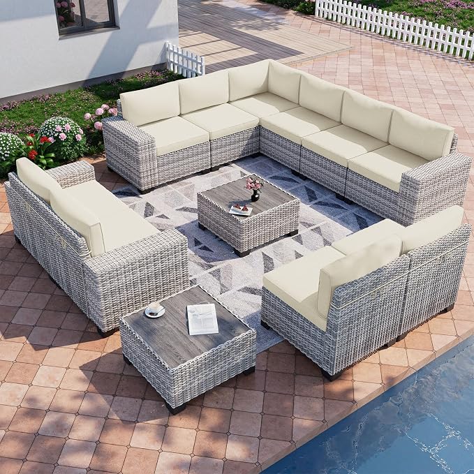 12-Piece Outdoor Patio Furniture Set Wicker Sectional Sofa Set, Patio Conversation Set with Thickened Cushions & Coffee Table for Garden, Backyard, Poolside, White