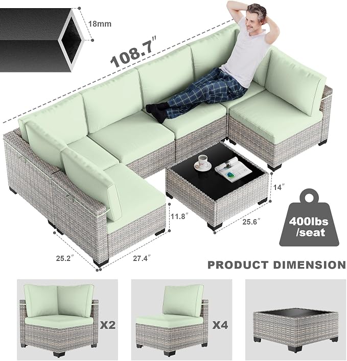 7-Piece Patio Furniture Set, Outdoor Sectional with Thick Cushions, Modular Patio Sofa, Dual-Strand Wicker Rattan, Rust-Resistant Frame, Backyard Furniture for Garden, Deck, Light Green