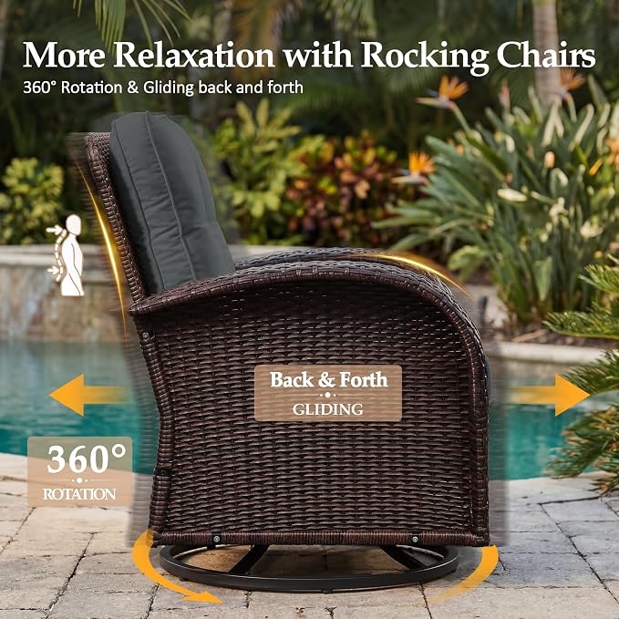 UPHA 6 Pieces Patio Furniture Sets, Wicker Outdoor Sofa Set with Loveseat & 3-Seat Couch, Swivel Chairs, Patio Conversation Set for Deck Backyard Garden, Brown Rattan, Gray Cushion