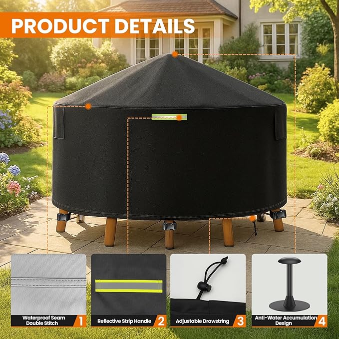 96 Inch Round Patio Furniture Covers with Support Pole, 800D Heavy Duty Waterproof Tear-Resistant Polyester Round Outdoor Table Cover