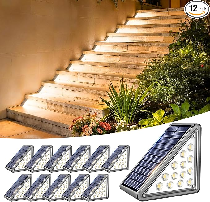Solar Step Light Outdoor Stair Lights, Deck Lights Outdoor Powered IP65 Waterproof, 3000K Warm White Solar Outdoor Step Light, Decor for Stair, Deck, Step, Porch and Outside Patio, 12 Pack