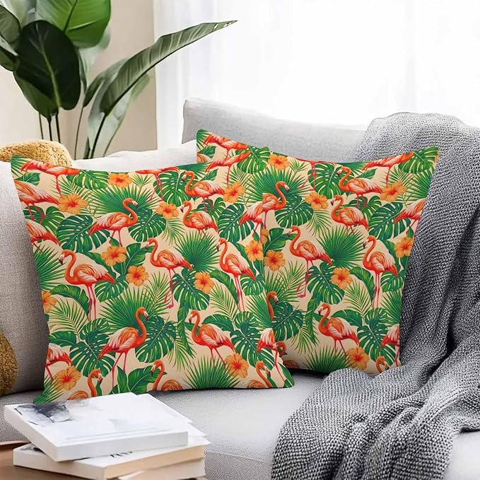 Red Flamingos Outdoor Pillow Covers 24"x24" Set of 2, Jungle Plants Hibiscus Flower Green Leaf Botanical Waterproof Throw Pillow Covers for Patio Furniture, Decorative Cushion Covers for Porch