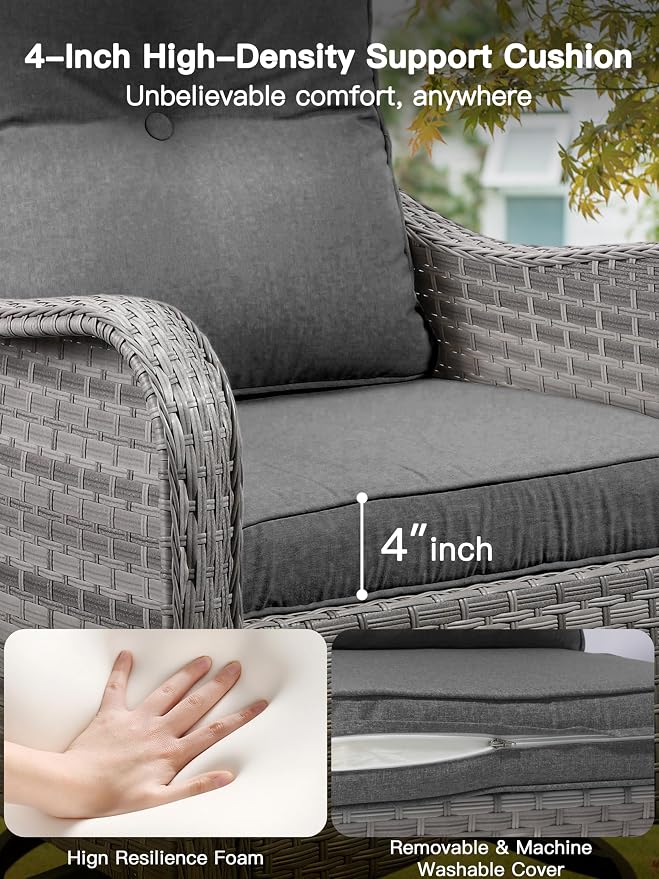 3-Piece Patio Furniture Set, Outdoor Swivel Rocking Chairs with 4" Thick Cushions & Side Table, All-Weather PE Rattan & Rust-Resistant Steel Frame Conversation Set for Porch, Garden, Charcoal Gray