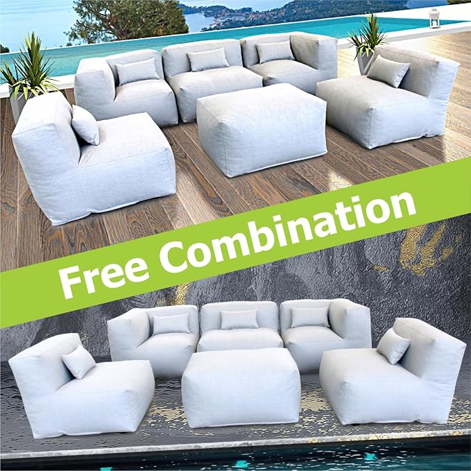 ANNYH CALALUNA 6Pc PATIO Furniture Sectional Conversation Set. Combines 3Middle, 2Corner, 1Ottoman/Coffee OUTDOOR Exp Foam Filled CHAIRS. A UNIQUE Modular Contemporary Sofa Could Gray (Cloud Gray)