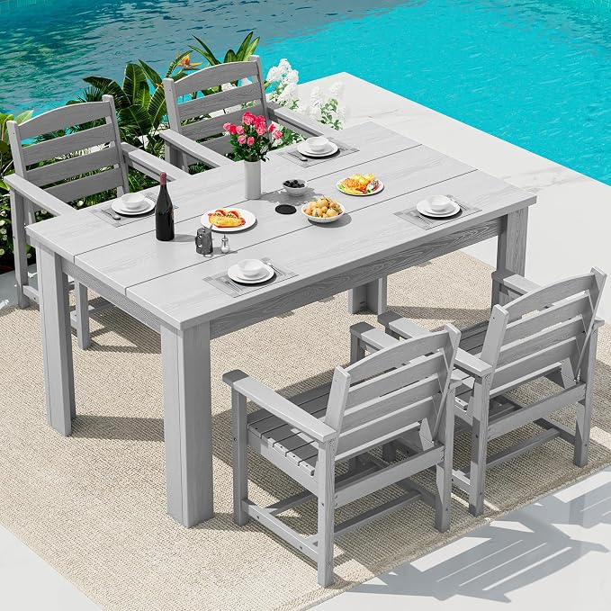SERWALL 59" Outdoor Dining Set for 4, Light Gray | Include 1 Rectangular Dining Table and 4 Armrest Chairs, All Weather Dining Sets for Garden, Backyard