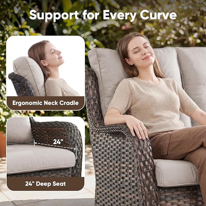 Belord Patio Sofa Luxury PE Wicker 3-Seater Outdoor Couch, Modern All-Weather High Back Deep Seat Woven Furniture Set for Porch, Deck, Balcony, Backyard - Brown/Beige