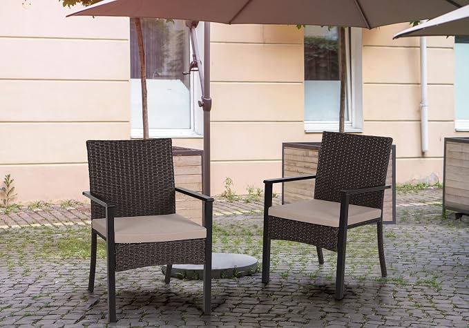 PHI VILLA Wicker Patio Dining Chairs Set of 4 with Removable Cushions | 4 Rattan dining chairs with thick removable seat cushions. Sturdy steel frame, easy assembly.