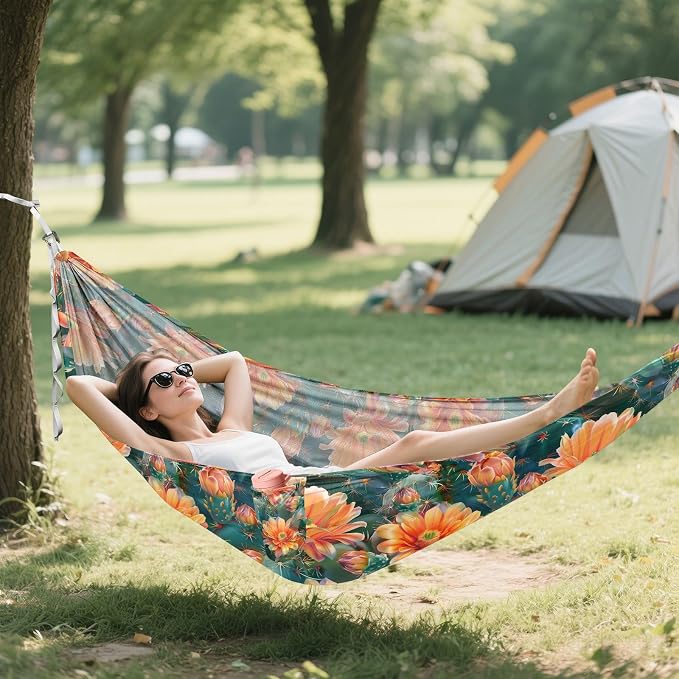 Camping Hammock Outdoor Hammocks for Outside Cactus Orange Flowers Beach Trees Portable Lightweight with Pockets Tree Straps Indoor